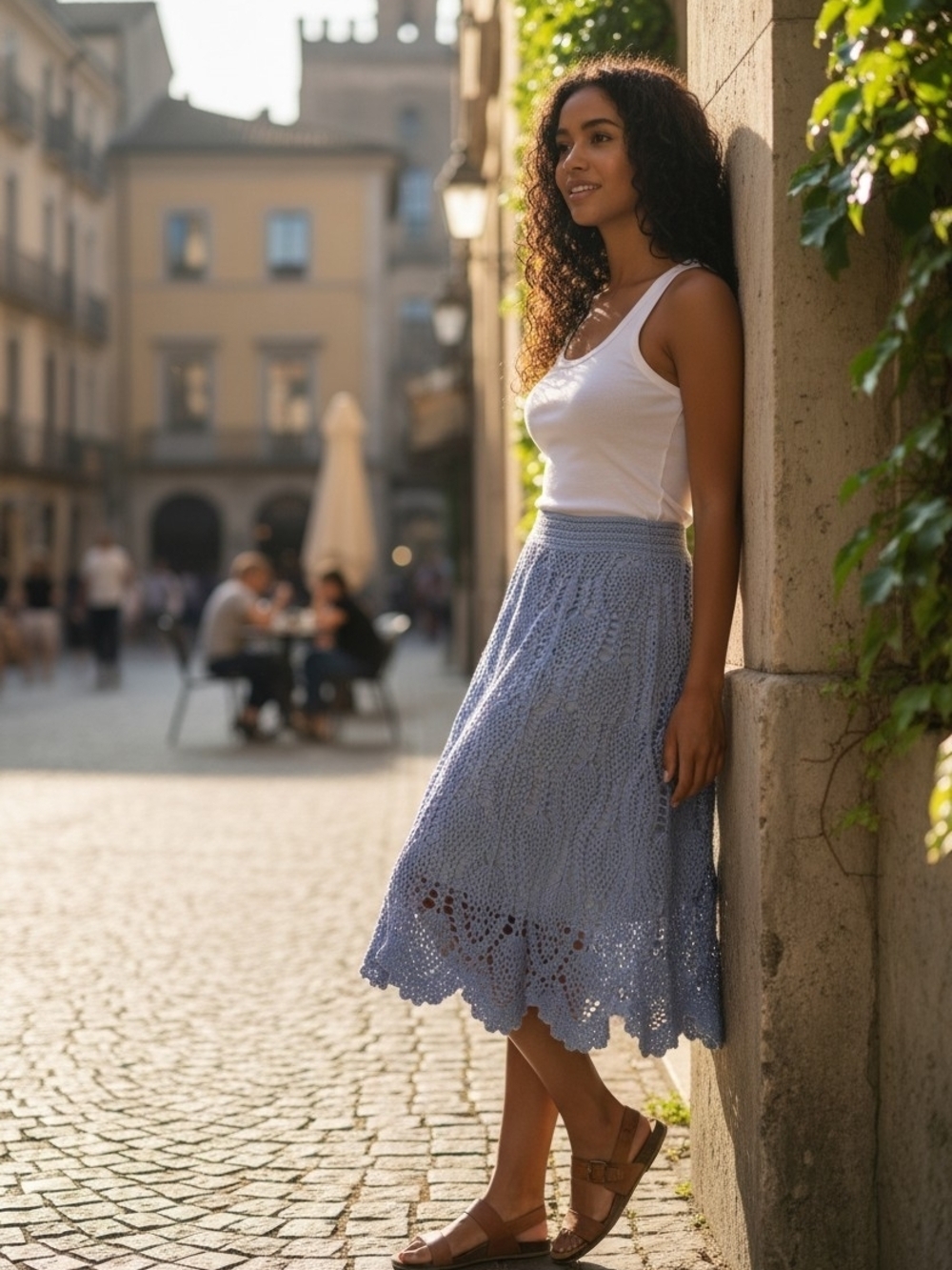 Light Blue Crochet Midi Skirt — Elegant Summer Knit